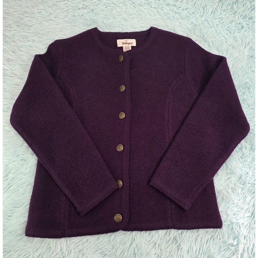 Worthington Petite M Purple 100% Wool Cardigan Sweater Crewneck Button Front Vtg